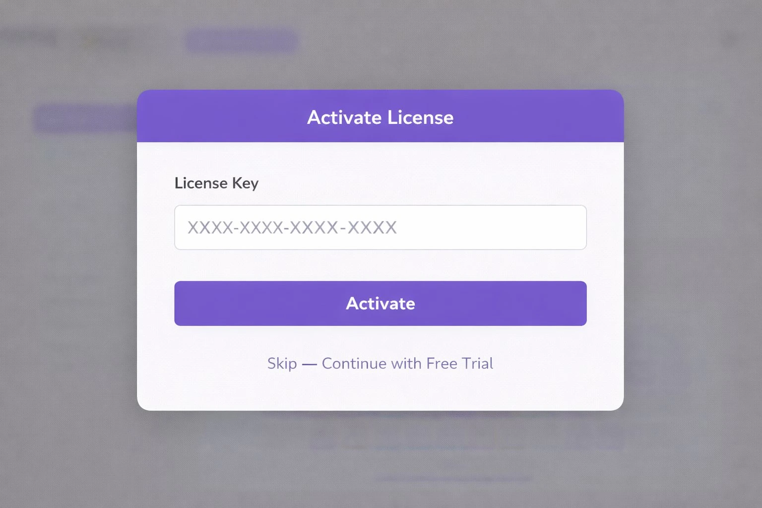 Typiq license activation dialog with key input field and activate button