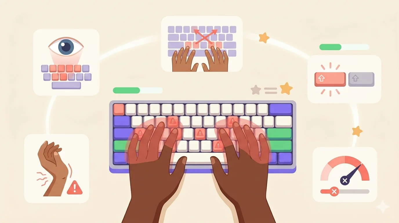 Illustration of five common typing mistakes with correction indicators