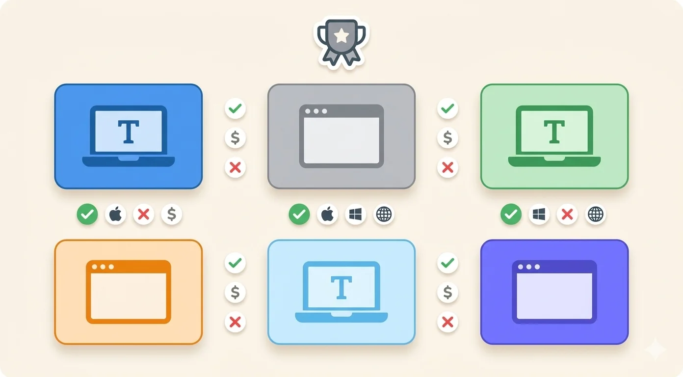 Comparison grid of six typing software products with platform and pricing icons