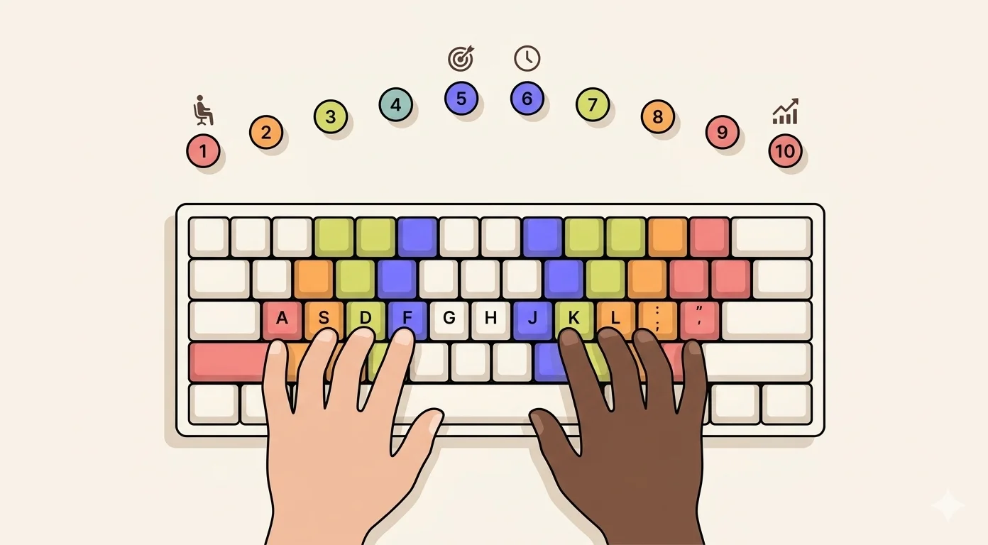 Illustration of 10 typing techniques with numbered steps and color-coded keyboard finger assignments