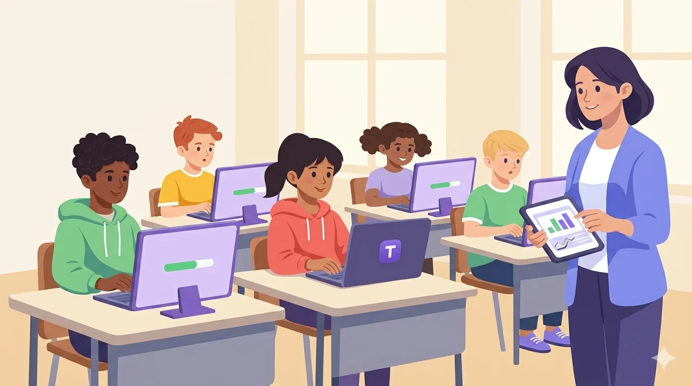 Classroom illustration with students learning touch typing at computers