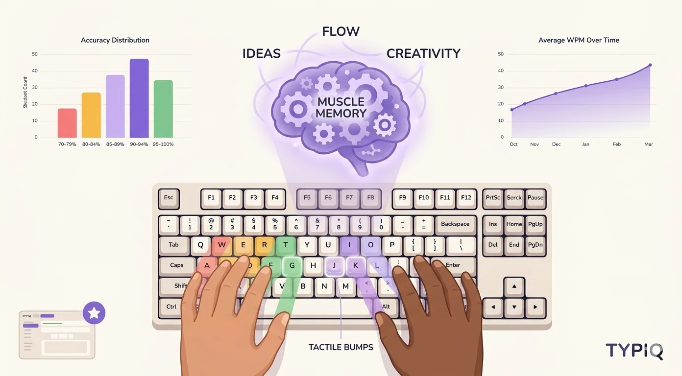 Hands demonstrating proper touch typing finger placement on a keyboard with progress tracking