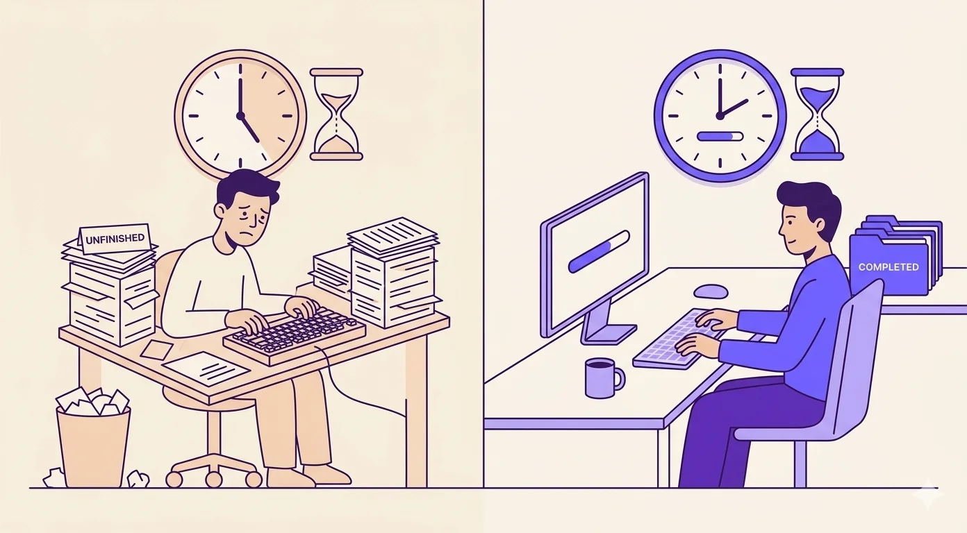 Illustration comparing slow and fast typing productivity and time saved