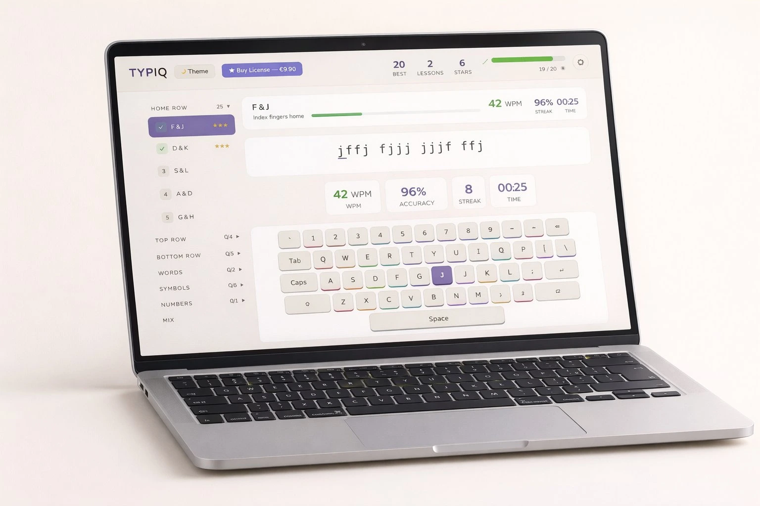 Typiq typing tutor application displayed on a laptop screen showing a typing lesson with finger placement guide