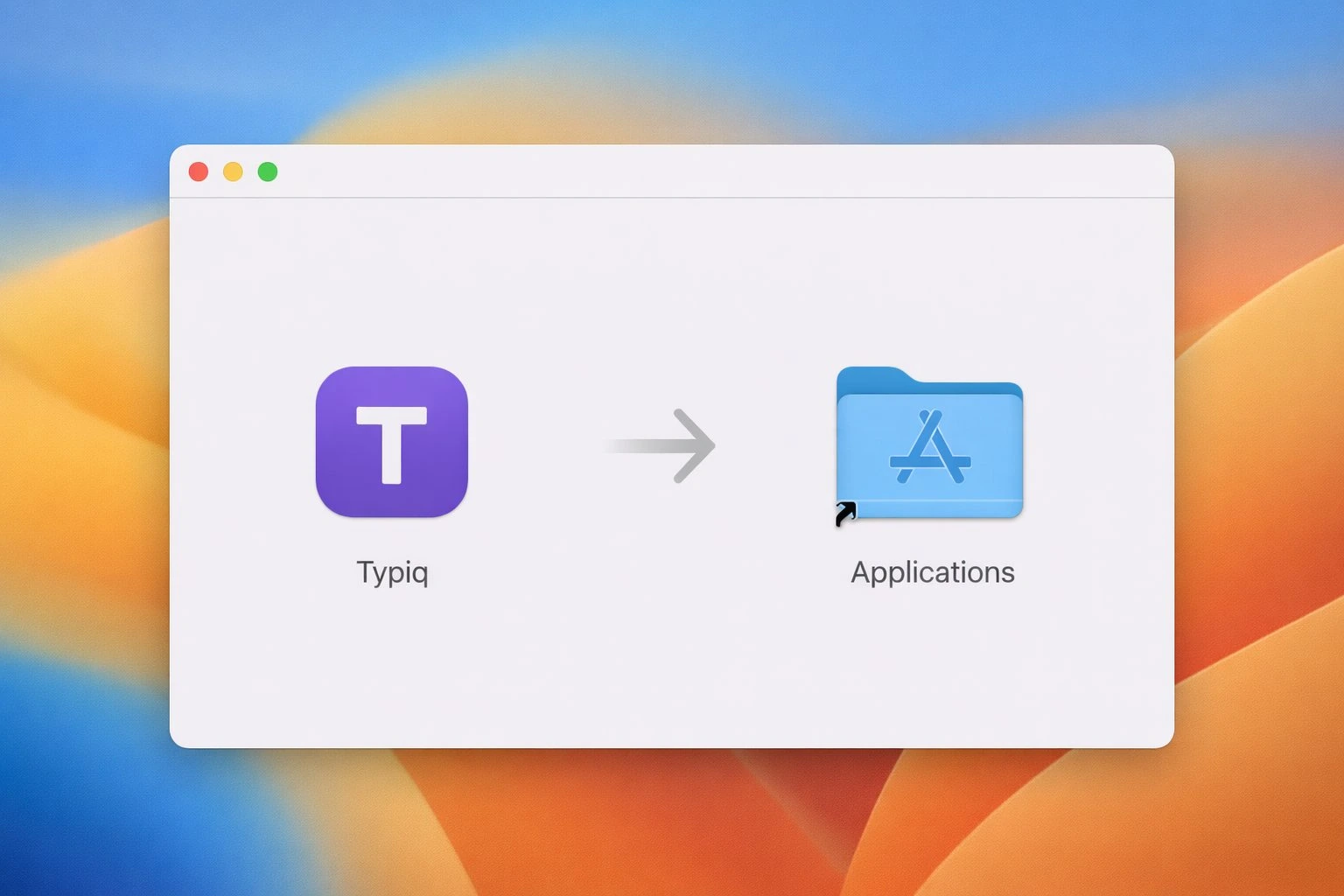 Typiq drag-to-install dialog on macOS showing the Applications folder