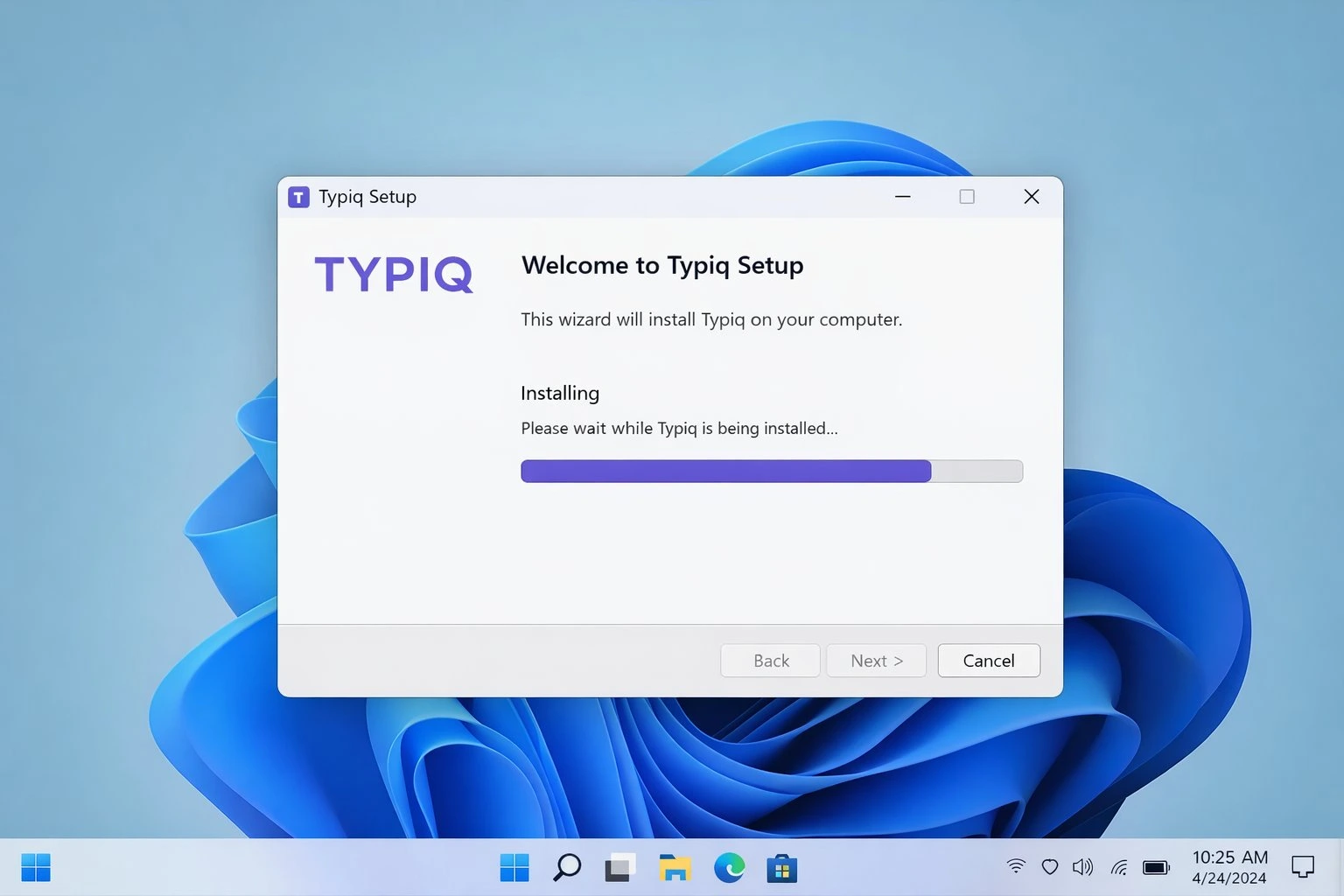 Typiq installation wizard on Windows 11 showing setup progress